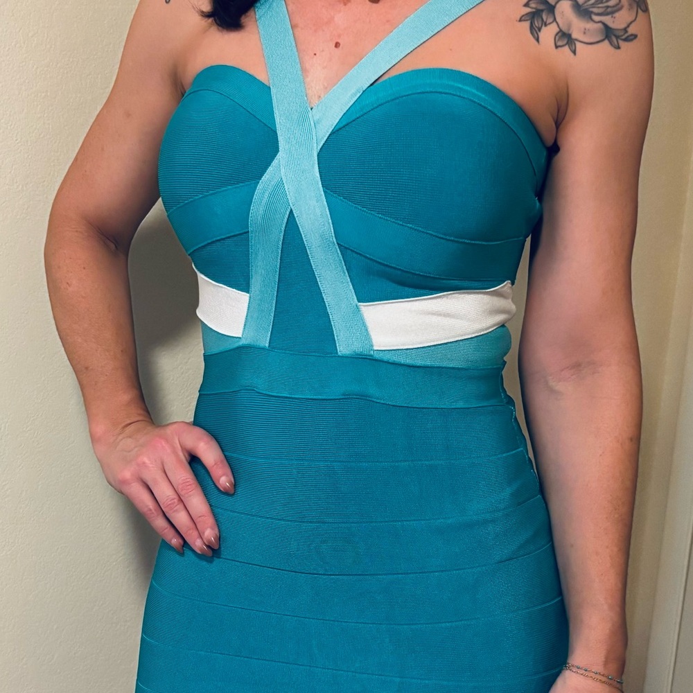 bebe Strapless Teal and White Dress